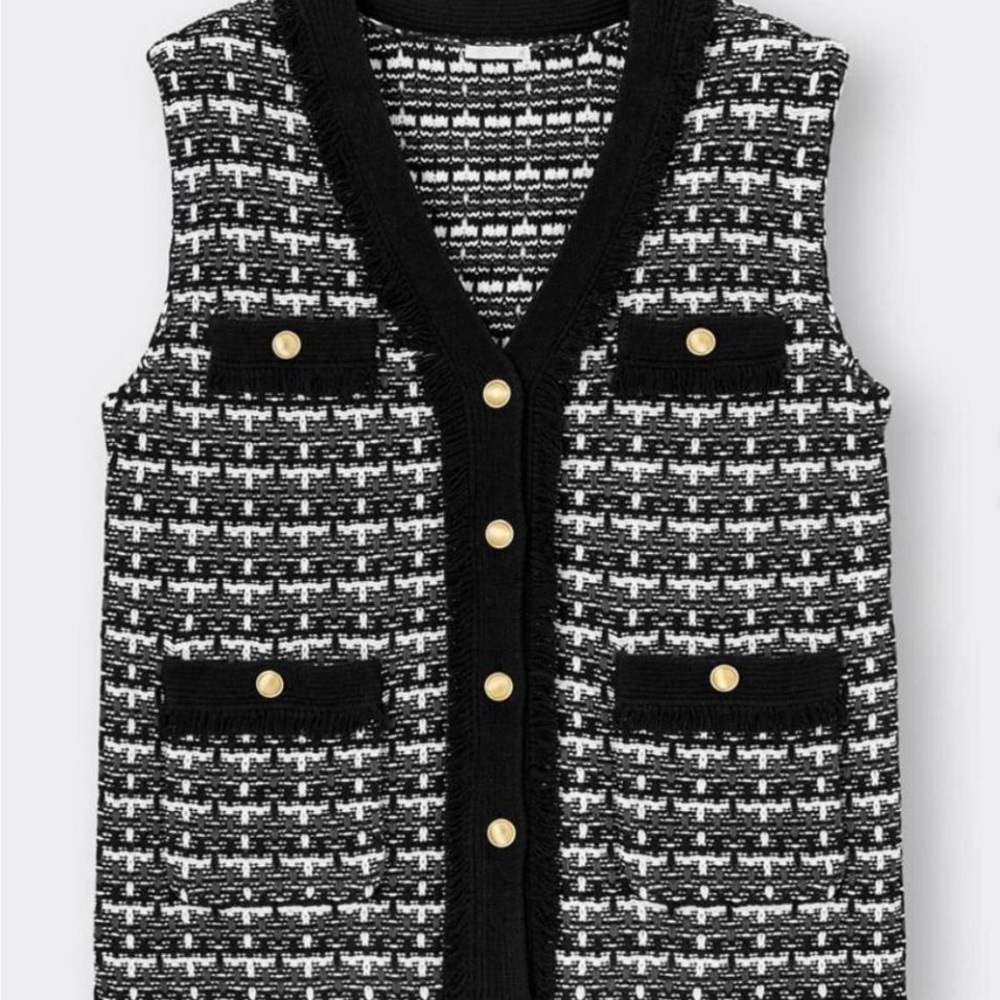 GU Black and White Tweed Vest with Gold Buttons
